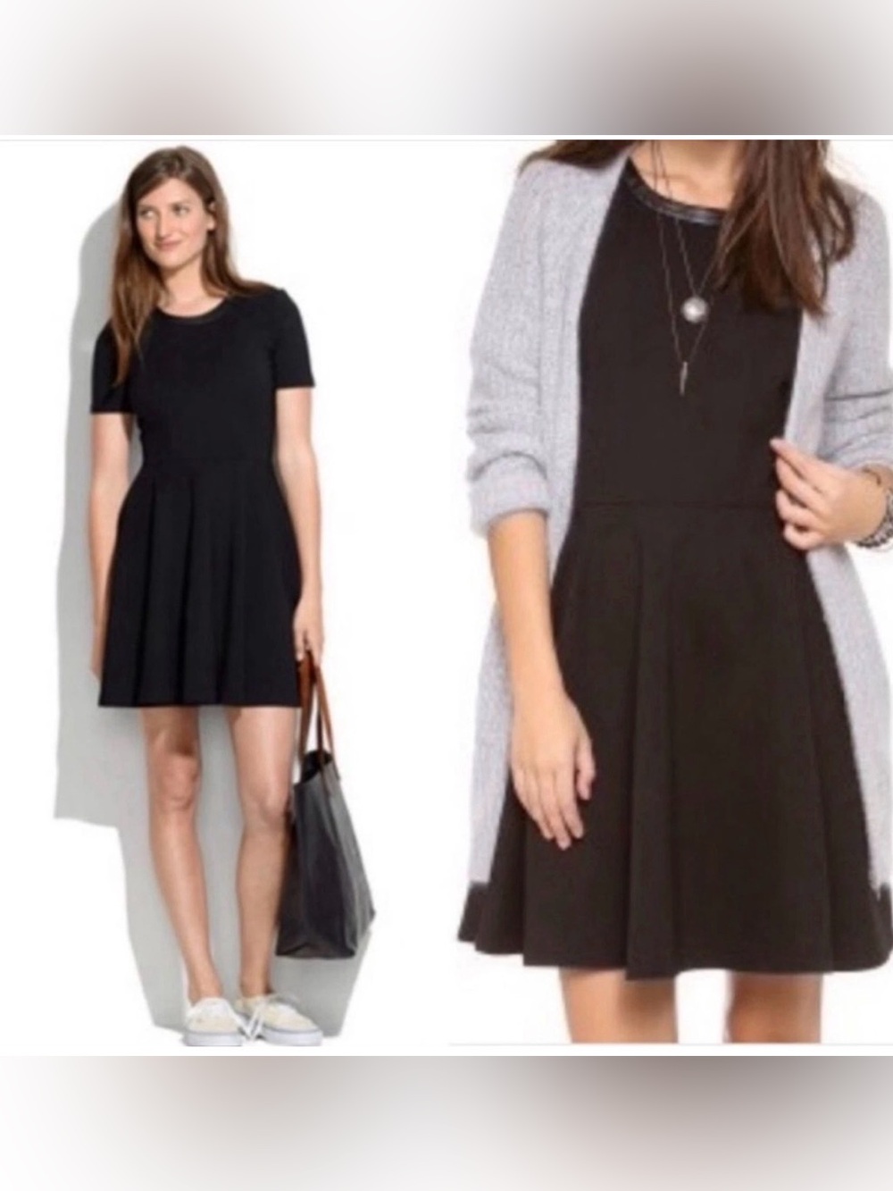 Madewell Classic Black Short Sleeve Skater Dress Leather trim A-line Y2K